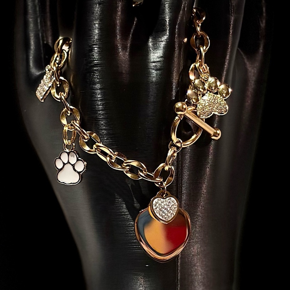 Gold Charm Bracelet with Heart and Paw Charms